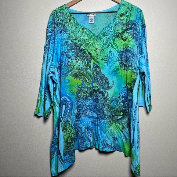 Catherines Women Top 2X Blue Green Sequins V-Neck Embroidered Share Bite Paisley - Picture 1 of 9